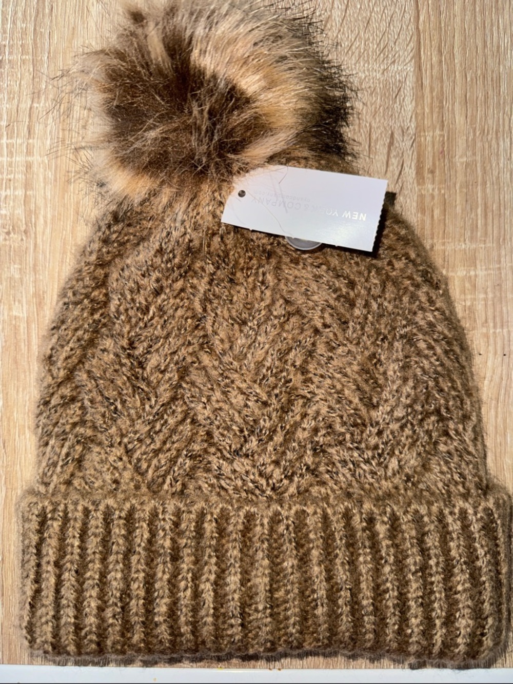 New York & Company Faux Fur Pom Cable Knit Beanie in Brown NEW soft